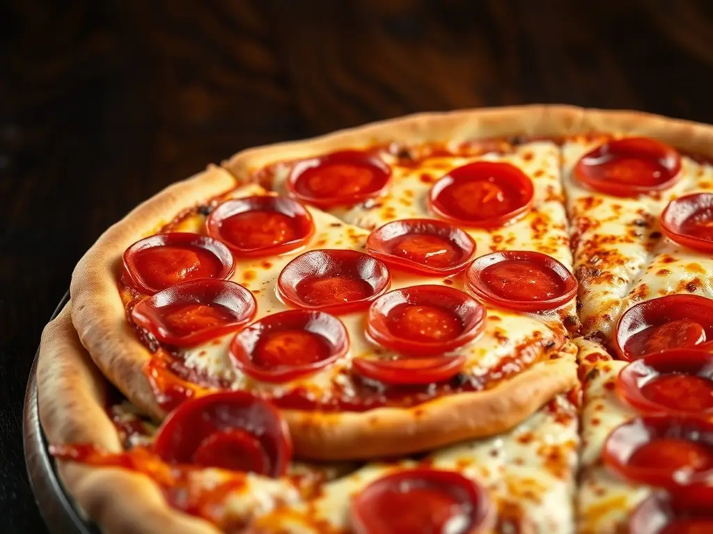 A visually appealing image of a pepperoni pizza with generous slices of pepperoni, melted cheese, and a slightly charred crust, capturing the essence of a classic comfort food.