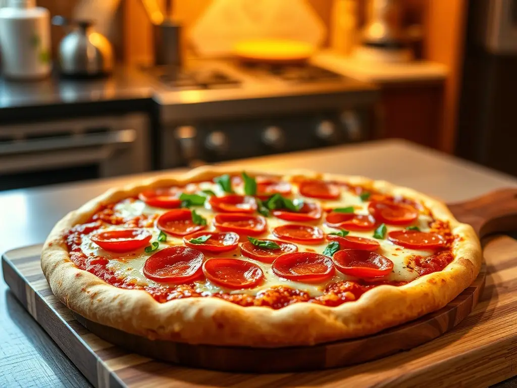 A visually appealing image of a Pepperoni Feast pizza, loaded with layers of pepperoni and melted cheese, highlighting its rich and savory flavors. The pizza is cut into slices, ready to be served.