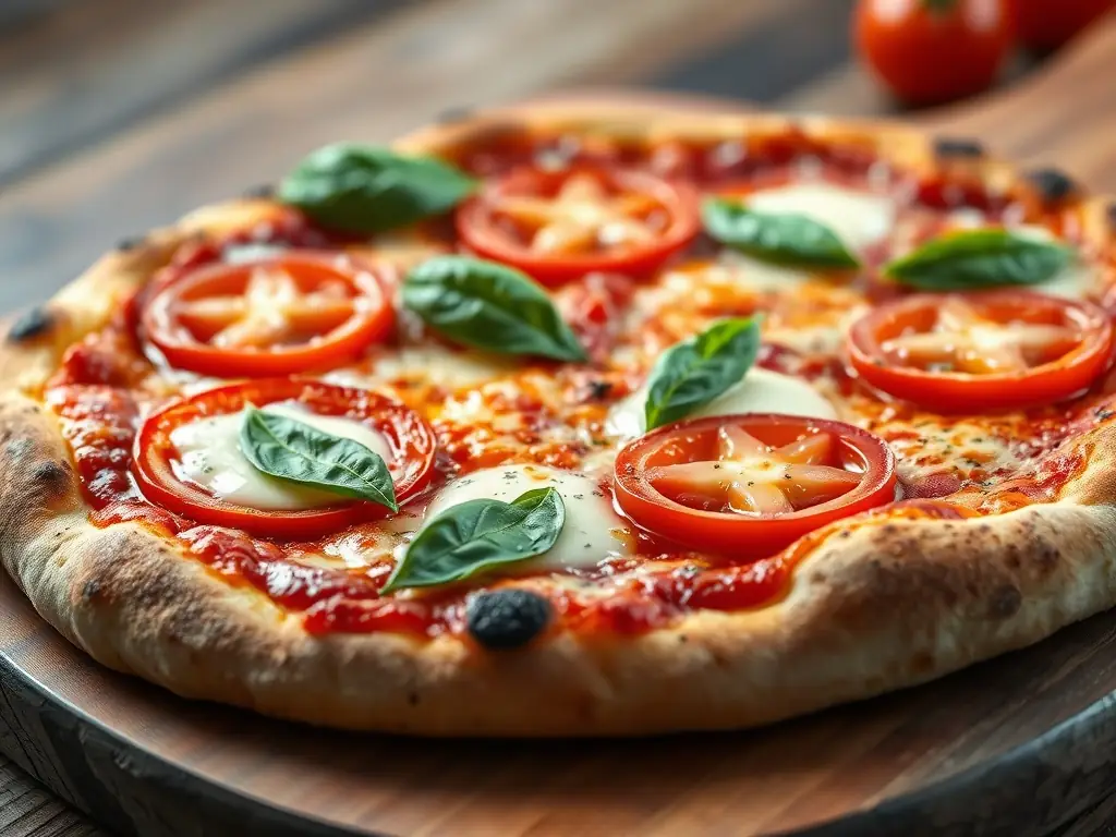 A high-angle, close-up shot of a freshly baked Margherita pizza with vibrant red tomatoes, melted mozzarella, and fresh basil leaves, showcasing its simplicity and classic appeal in a warm, inviting light.