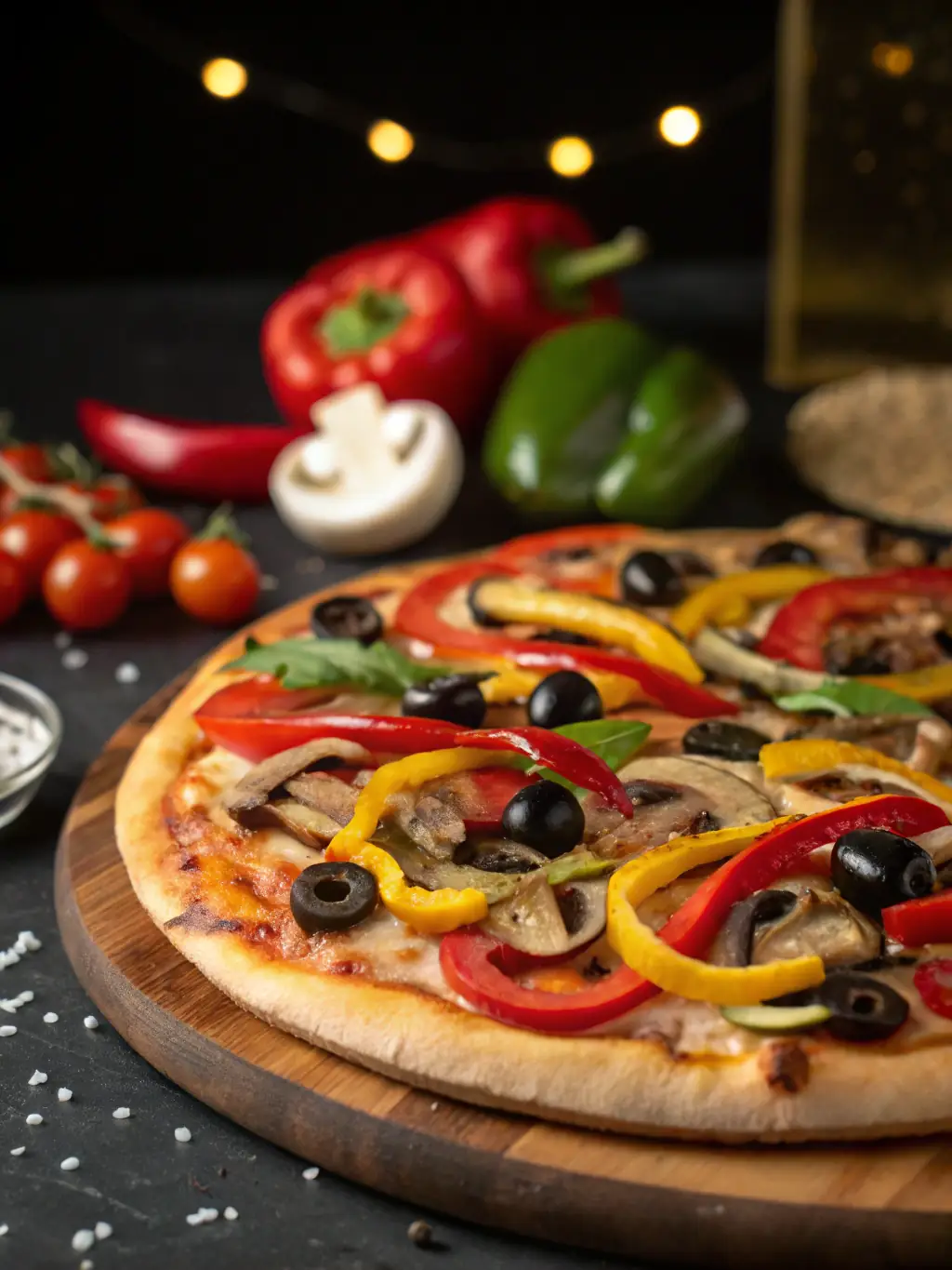 A vegetarian pizza with colorful bell peppers, mushrooms, onions, olives, and a blend of cheeses, highlighting its fresh and healthy ingredients.