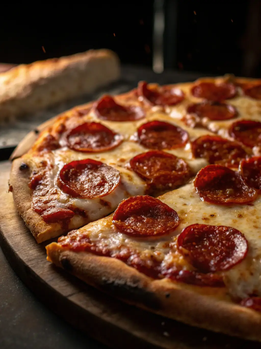 A pepperoni pizza with generous slices of pepperoni, melted cheese, and a slightly charred crust, emphasizing its savory and comforting qualities.