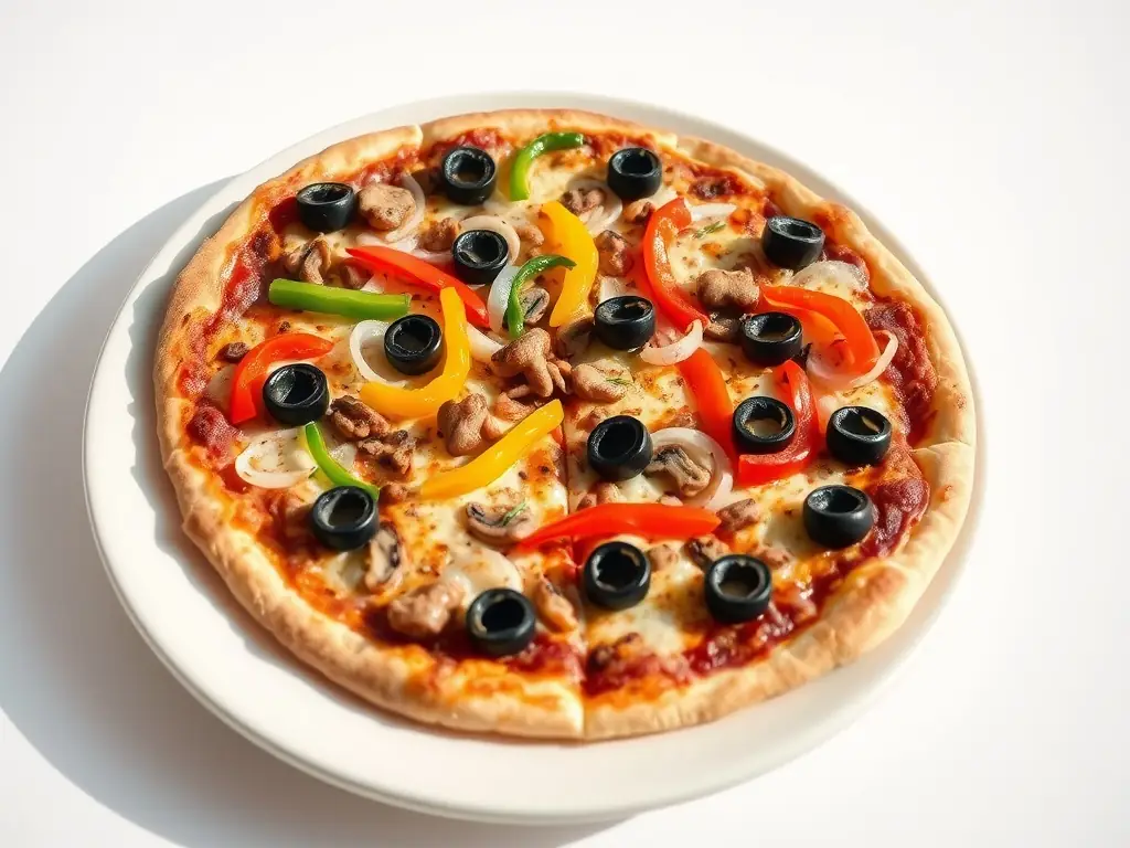 A vibrant and colorful image of a vegetarian pizza topped with an assortment of fresh vegetables such as bell peppers, mushrooms, onions, and olives, highlighting its healthy and flavorful appeal.