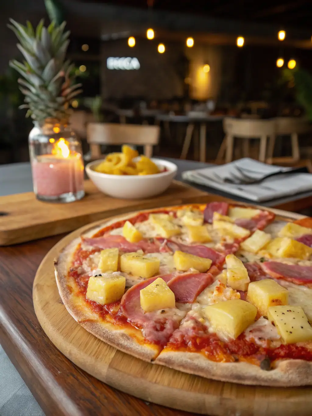 A Hawaiian pizza with ham and pineapple chunks, showcasing its sweet and savory combination and tropical flavors.