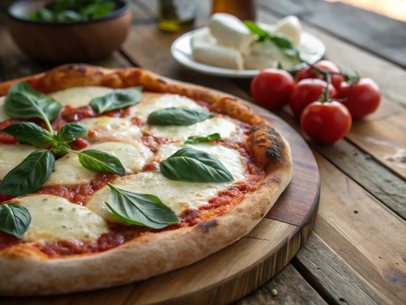 A vibrant, close-up shot of a Margherita pizza with fresh basil leaves and melted mozzarella, showcasing its simplicity and classic appeal. The pizza is perfectly cooked with a slightly charred crust.